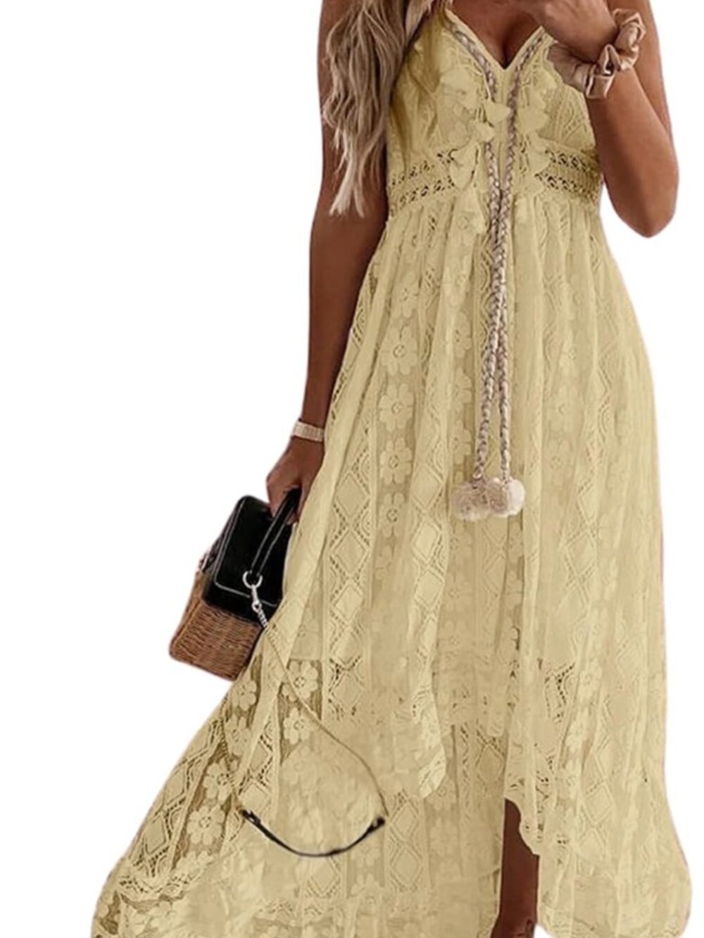 Cupshe Maxi Sundress - Yellow Lace with Boho Crochet Tassel - Picture 4 of 5